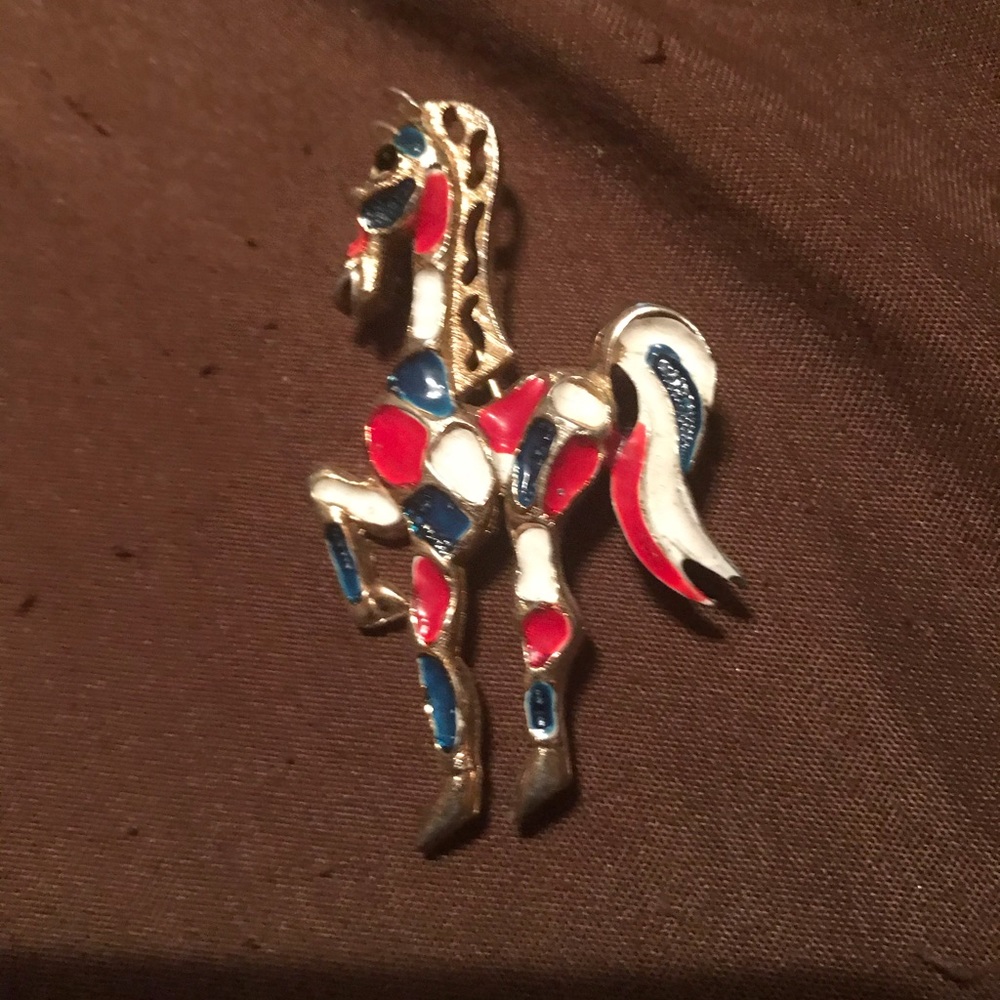 Vintage dancing horse brooch, red white and blue
